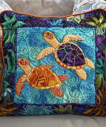 Coral Reef Turtles Quilted Pillow Cover — Vibrant Reef-Inspired Throw Pillowcase For Coastal Decor & Kids' Rooms , Durable Cotton-Blend