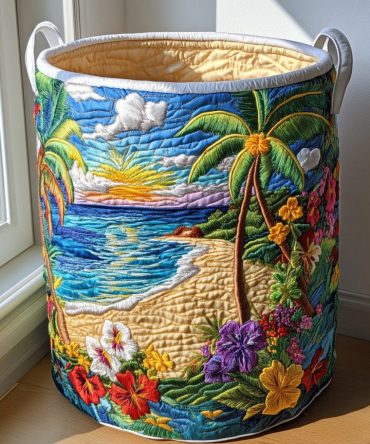 Coral Breeze Quilted Laundry Hamper – Tropical Coral Pattern, Soft Quilted Fabric, Foldable & Easy-Wash With Comfortable Handles