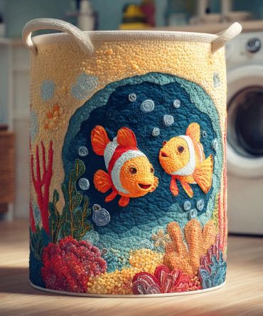 Coral Clownfish Quilted Laundry Hamper - Bright Coastal Fabric Laundry Basket, Foldable & Durable For Beach Homes