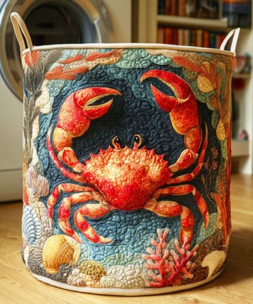 Coral Crab Quilted Laundry Hamper - Beach-Inspired Nautical Fabric Basket With Sturdy Handles, Coastal Laundry Storage For Bathroom & Kids