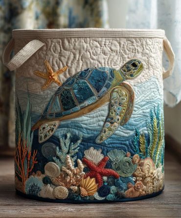 Coral Current Sea Quilted Laundry Hamper — Vibrant Ocean Quilt Laundry Basket, Collapsible Water-Resistant Lined Storage For Coastal Homes