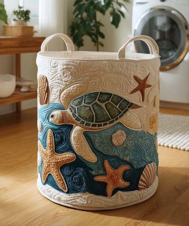 Coral Drift Quilted Laundry Hamper - Coastal Print Foldable Organizer With Reinforced Handles, Lightweight Cotton Blend For Beach Homes