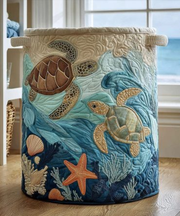 Coral Journey Quilted Laundry Hamper — Vibrant Coral Pattern Laundry Basket With Reinforced Handles For Beachy, Coastal & Modern Interiors