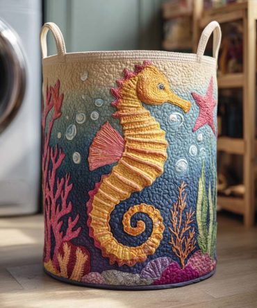Coral Seahorse Quilted Laundry Hamper — Decorative Foldable Laundry Basket With Sturdy Handles, Washable Fabric For Home