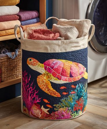 Coral Turtle Bloom Quilted Laundry Hamper – Floral Coral Turtle Fabric Basket, Foldable Washable Organizer With Sturdy Handles For Home & Nursery