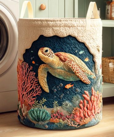 Coral Turtle Quilted Laundry Hamper - Coastal Foldable Fabric Basket For Beachy Home Decor, Clothes & Linen Organization