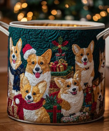 Corgi Cabin Christmas Quilted Storage Hamper — Festive Holiday Foldable Laundry Organizer With Cute Corgi Print & Sturdy Handles