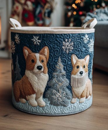 Corgi Christmas Magic Quilted Laundry Hamper — Holiday Dog Print Collapsible Basket For Laundry, Toys & Gift Wrapping