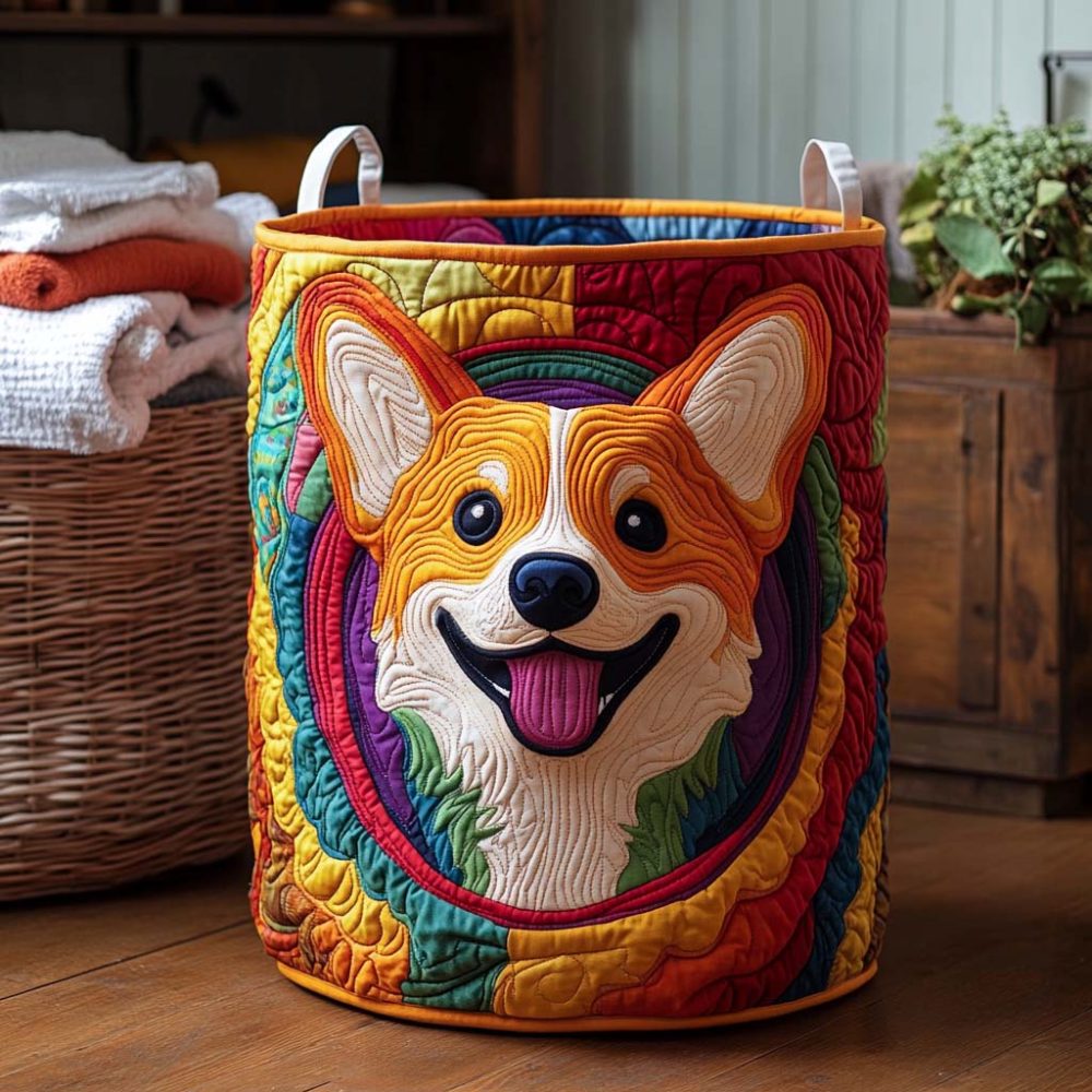 Corgi Colors Quilted Storage Hamper — Vibrant Foldable Laundry Basket With Handles, Padded & Washable For Kids Rooms, Living Areas & Gifts
