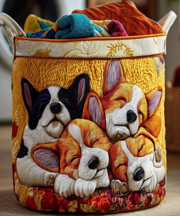 Corgi Cuddle Quilted Laundry Hamper — Cute Foldable Fabric Basket With Handles, Machine-Washable Pet Motif For Kids’ Rooms, Nursery & Dorm