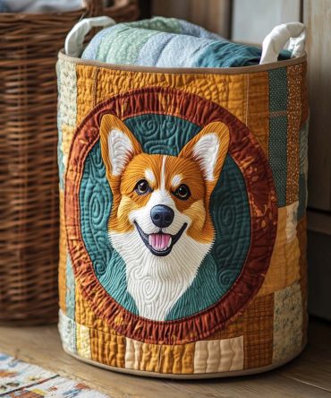 Corgi Joy Quilted Laundry Hamper — Cute Corgi Print Storage Basket, Soft Padded Fabric, Collapsible Organizer For Kids & Pet Lovers