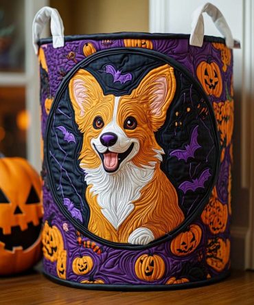 Corgi Lantern Quilted Laundry Hamper - Cute Corgi Lantern Print Collapsible Washable Fabric Storage Basket For Home & Nursery