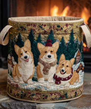 Corgi Sleigh Bells Quilted Laundry Hamper — Festive Dog-Print Collapsible Storage Basket For Holiday Decor & Laundry