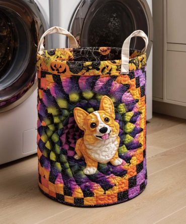 Corgi Spiral Cheer Quilted Laundry Hamper – Happy Corgi Print Fabric Basket, Durable Foldable Storage For Pet & Home Lovers