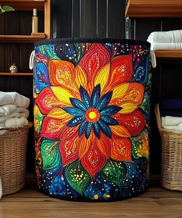 Cosmic Bloom Mandala Quilted Laundry Hamper - Boho Mandala Clothes Organizer With Quilted Padding & Handles, Artistic Bedroom Storage