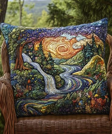 Cosmic Forest Glow Quilted Pillow Cover — Mystical Forest & Galaxy Motif Cushion Sham, Dreamy Accent For Modern Boho Spaces