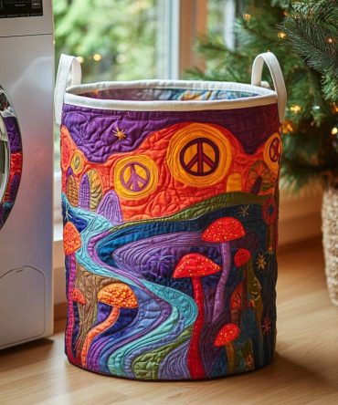 Large Quilted Laundry Hamper With Cosmic Nature Pattern — Foldable Breathable Storage Basket For Modern Boho Homes