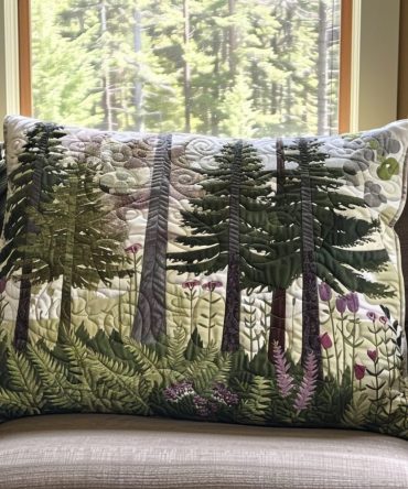 Cottage Forest Quilted Throw Pillow Cover — Country Cottage Floral & Tree Accent Pillow Sham For Cozy Bedrooms & Porches