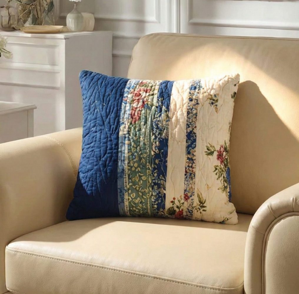 Cottage Americana Quilted Pillow Cover - Patriotic Patch Throw Pillowcase For Vintage Farmhouse & Cozy Living Spaces
