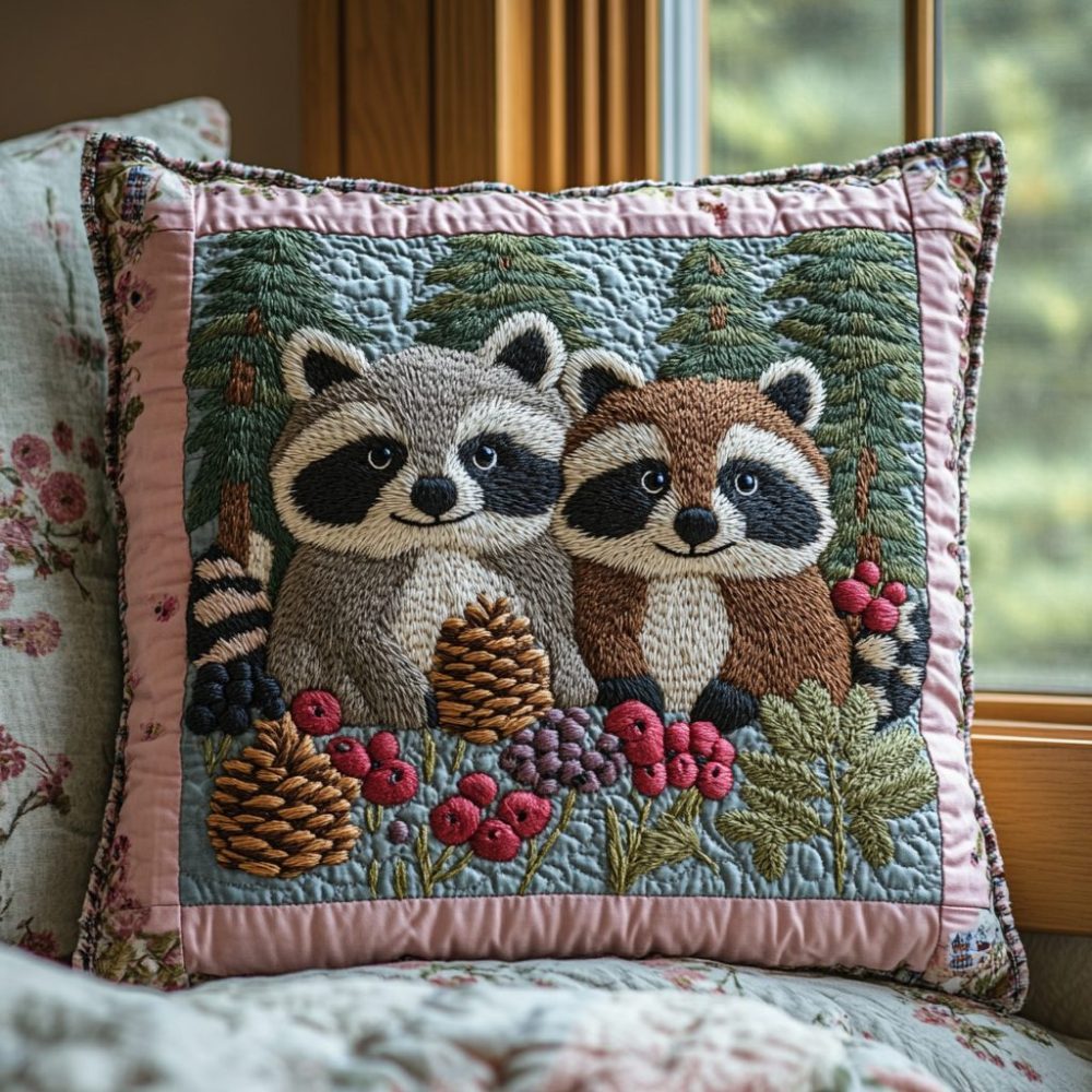 Cottage Bandit Quilted Accent Pillow Cover – Cozy Country Raccoon Motif, Durable Cotton-Blend, Perfect For Rustic & Farmhouse Homes