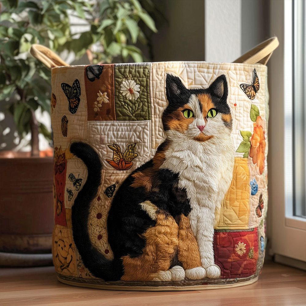 Blooming Cat Quilted Laundry Basket — Garden-Inspired Cat & Floral Fabric Hamper With Handles, Collapsible & Machine-Washable Liner - Image 6
