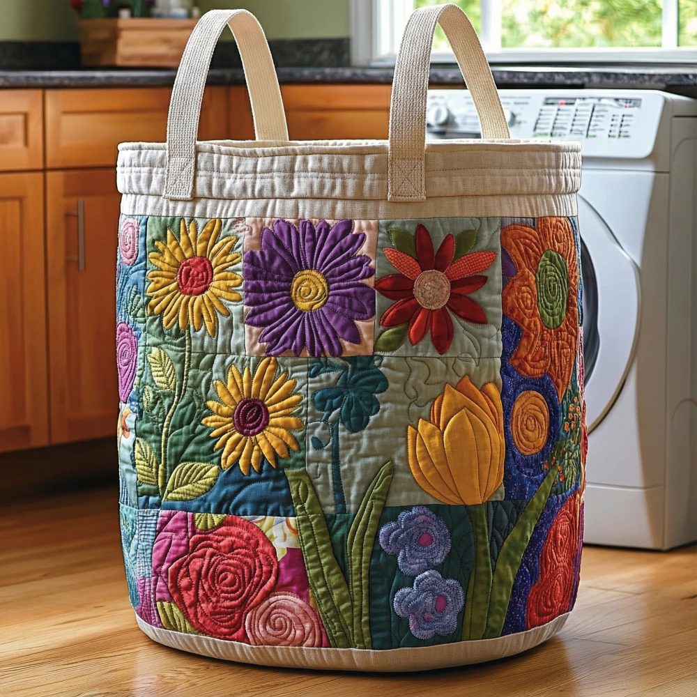 Cottage Floral Garden Quilted Cotton Laundry Hamper – Vintage-Style Collapsible Fabric Basket With Handles, Charming Storage For Bedroom & Bath