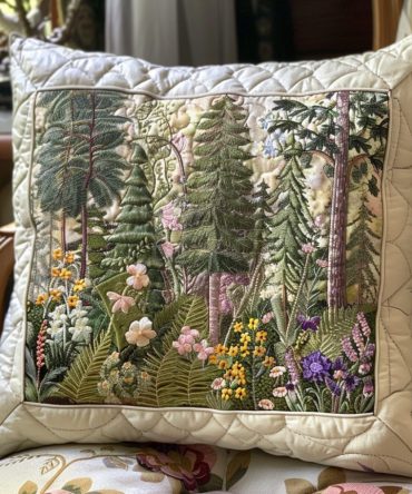 Cottage Forest Quilted Pillow Cover — Cozy Woodland Decorative Throw Sham For Rustic & Country Décor, Soft Cotton-Blend, Easy Care