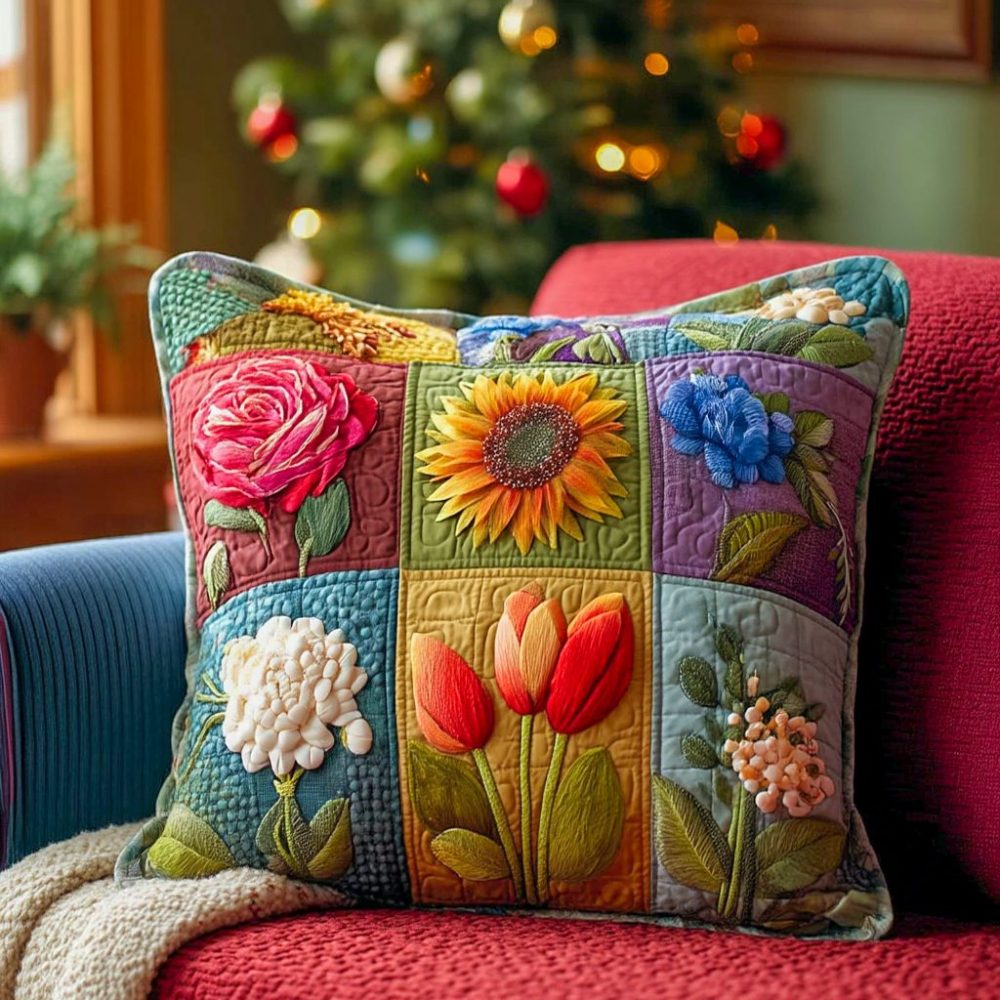 Cottage Garden Quilted Floral Pillow Cover — Charming Botanical Throw For Sofa, Bed & Porch, Soft Machine-Washable Fabric