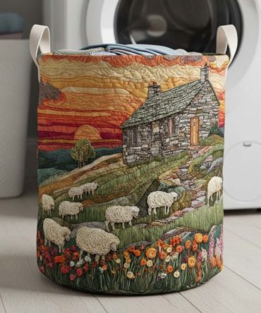 Cottage Sheep Quilted Laundry Hamper — Adorable Sheep Motif Quilted Fabric Storage Basket With Foldable Design & Sturdy Carry Handles