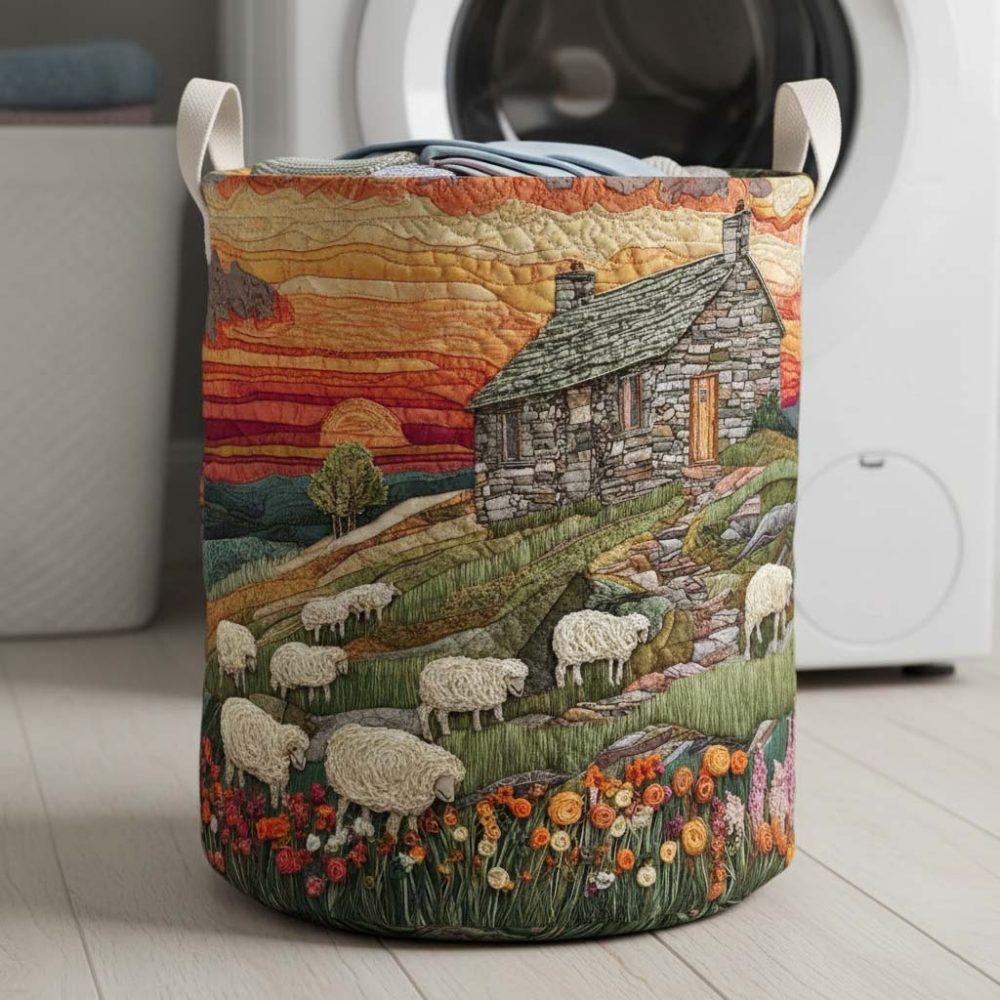 Cottage Sheep Quilted Laundry Hamper — Adorable Sheep Motif Quilted Fabric Storage Basket With Foldable Design & Sturdy Carry Handles