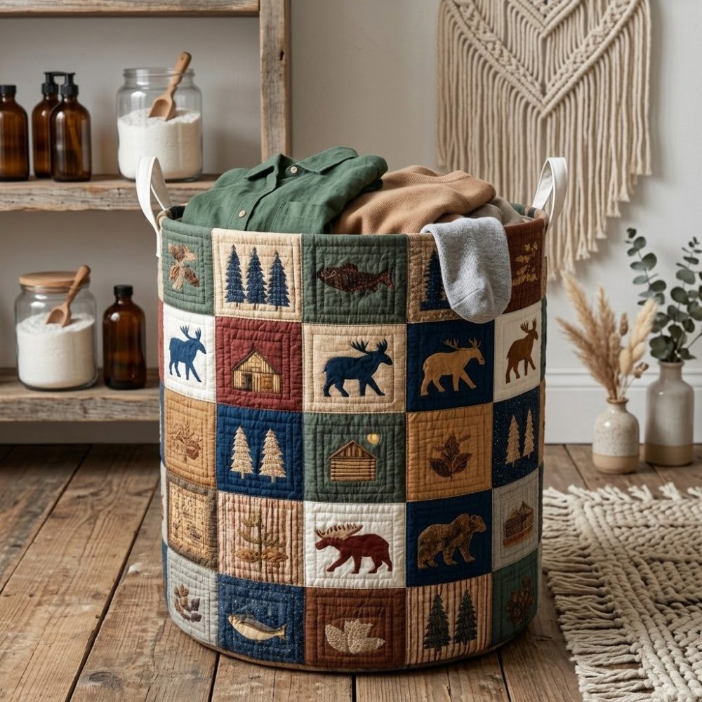 Cottage Trails Quilted Laundry Hamper — Charming Cottage Trail Print Storage Basket, Large Washable Cotton Quilt, Collapsible & Stylish Organizer