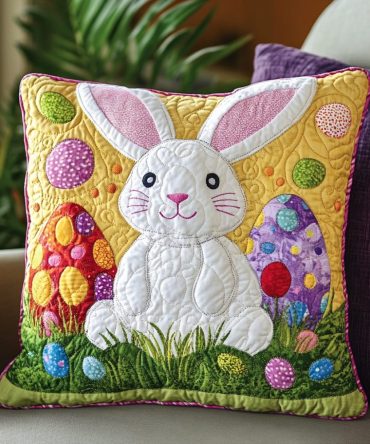 Cottontail Charm Quilted Throw Pillow Cover — Cute Bunny Accent For Nursery & Sofa, Soft Quilted Fabric With Hidden Zip, Easy Care Machine Washable