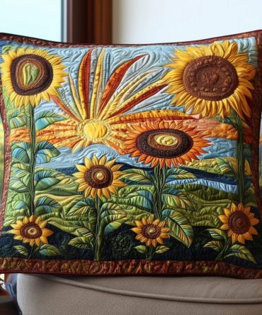 Country Sunbeam Quilted Throw Pillow Cover — Warm Floral & Textile Accent Pillowcase For Farmhouse, Country & Cozy Cottage Rooms