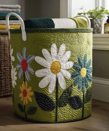 Country Bloomscape Quilted Laundry Hamper – Vintage Floral Meadow Print, Soft Quilted Fabric, Foldable & Machine-Washable With Handles