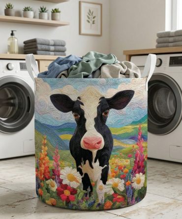 Country Cow Bloom Quilted Laundry Hamper — Rustic Blooming Cow Print Foldable Cotton-Linen Bin With Handles For Cozy Home Storage