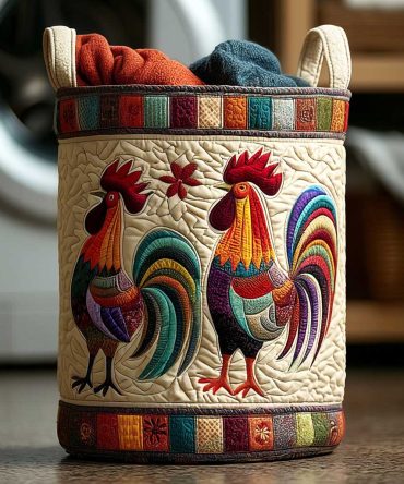 Country Rooster Quilted Storage Hamper – Rustic Farmhouse Laundry Basket, Collapsible Fabric Bin With Handles & Washable Cover
