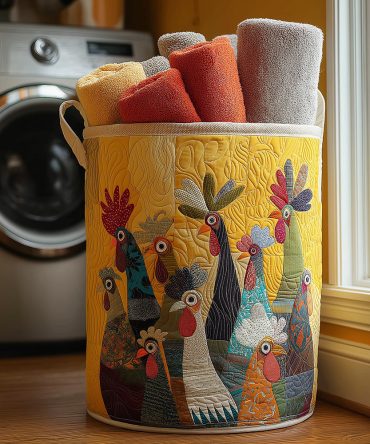 Country Rooster Quilted Laundry Hamper – Vintage Rooster Quilted Foldable Laundry Basket, Rustic Home & Farm Storage