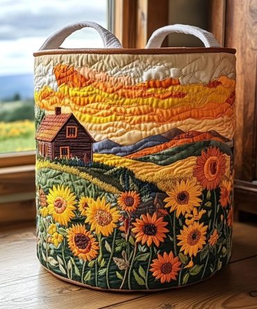 Country Sunrise Quilted Fabric Hamper - Rustic Floral Collapsible Laundry Basket For Cozy Home Organization