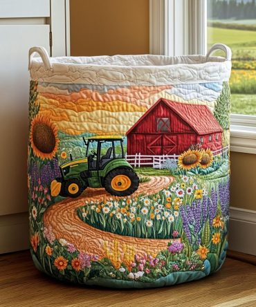 Country Sunrise Quilted Laundry Hamper — Rustic Morning Floral Fabric Basket With Durable Handles, Foldable Decorative Storage For Home