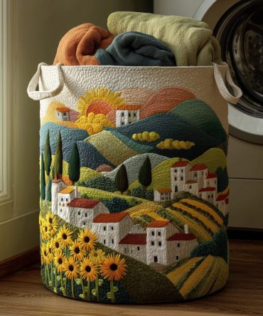 Countryside Glow Quilted Laundry Hamper — Decorative Rustic Fabric Basket With Handles For Clothes, Towels & Storage