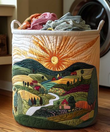 Countryside Horizon Quilted Laundry Basket , Large Foldable Hamper With Cozy Quilted Finish & Sturdy Handles For Rustic Home Storage & Gifts