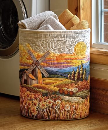 Countryside Sunset Quilted Laundry Hamper — Large Floral-Patterned Canvas Basket With Handles For Home & Dorm Rooms