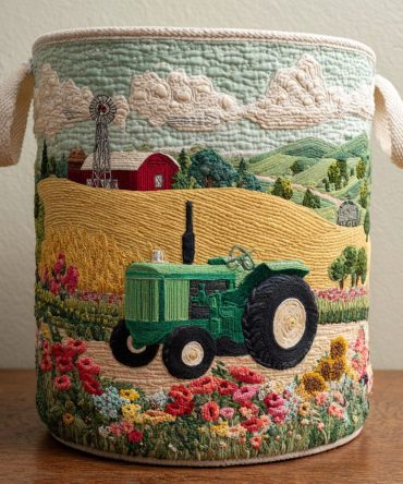Countryside View Quilted Laundry Hamper — Rustic Scenic Foldable Laundry Basket With Handles For Farmhouse & Cozy Home Organization