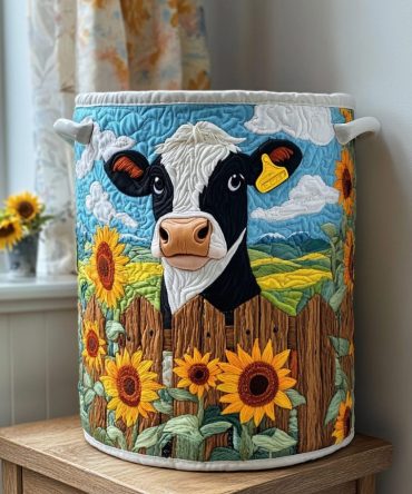 Cow Blossom Quilted Laundry Hamper - Foldable Farmhouse Fabric Basket For Clothes, Toys & Rustic Home Storage