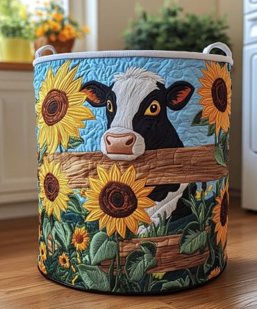 Cow Valley Quilted Hamper — Premium Cotton Laundry Basket With Sturdy Handles, Collapsible Farmhouse Storage For Clothes & Linens