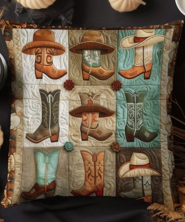 Rustic Cowboy Boot Quilted Pillow Cover — Western Farmhouse Throw Pillowcase, Soft Cotton Blend, Decorative