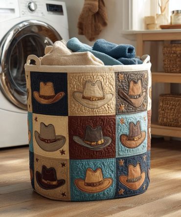 Cowboy Charm Quilted Laundry Hamper — Western-Themed Quilted Fabric Basket With Easy-Carry Handles, Foldable Space-Saving Design