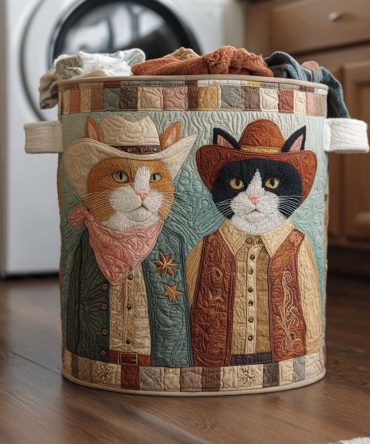 Cowboy Whiskers Quilted Laundry Hamper – Fun Western Cat Print Fabric Storage Bin, Collapsible Washable Hamper With Handles