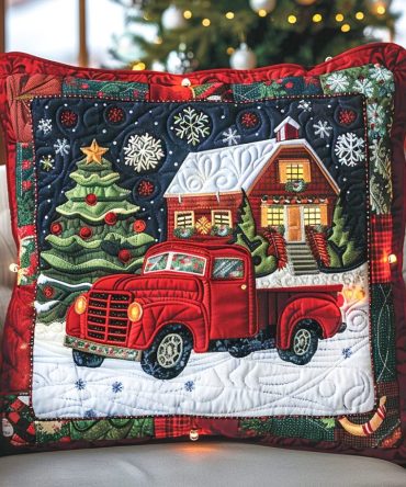 Cozy Cabin Truck Quilted Pillow Cover — Retro Red Truck Holiday Throw For Rustic Farmhouse Decor, Soft Sofa Accent