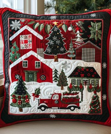 Cozy Village Christmas Quilted Pillow Cover — Festive Holiday Decorative Pillowcase With Charming Village Scene For Seasonal Home Decor